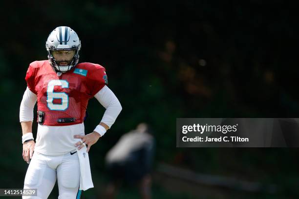 Baker Mayfield of the Carolina Panthers looks on during training camp at Wofford College on August 02, 2022 in Spartanburg, South Carolina.