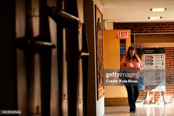 Voter leaves the polling station after casting their ballot in the Kansas Primary Election at Merriam Christian Church on August 02, 2022 in Merriam,...
