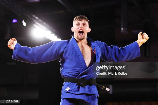 Lachlan Moorhead of Team England celebrates after winning during their Men's Judo -81kg Final match against Francois Gauthier Drapeau of Team Canada...