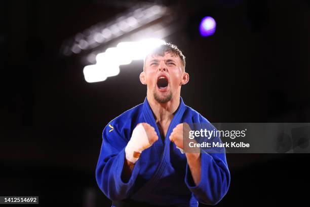 Lachlan Moorhead of Team England celebrates after winning during their Men's Judo -81kg Final match against Francois Gauthier Drapeau of Team Canada...