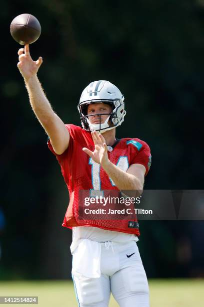 Quarterback Sam Darnold of the Carolina Panthers attends training camp at Wofford College on August 02, 2022 in Spartanburg, South Carolina.