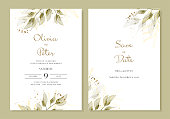 Vector wedding templates with watercolour leaves and vegetation. Hand-painted branches, leaves on a white background. Simple minimalist invitations.