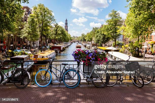 bikes by the canal on a sunny summer day in amsterdam, netherlands - amsterdam photos et images de collection