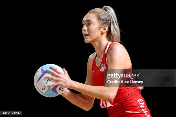 Helen Housby of Team England competes during the Netball Pool B match between Team England and Team Uganda on day five of the Birmingham 2022...