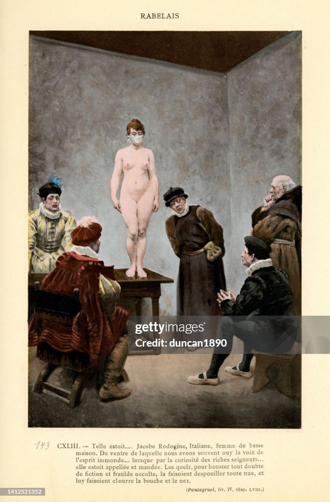 Rabelais's Gargantua and Pantagruel, men performing an exorcism on woman possessed by evil spirits
