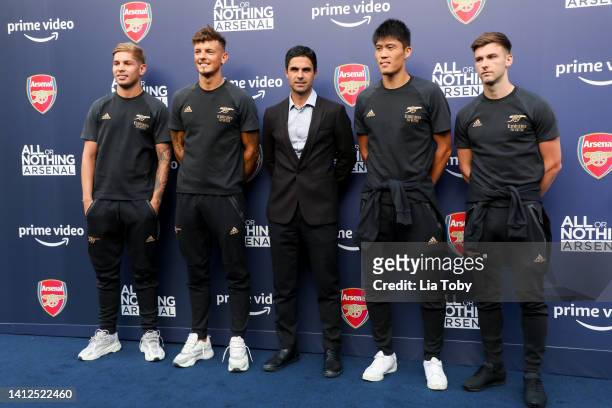 Emile Smith Rowe, Ben White, Mikel Arteta, Takehiro Tomiyasu and Kieran Tierney attend the "All Or Nothing: Arsenal" Global Premiere at Islington...