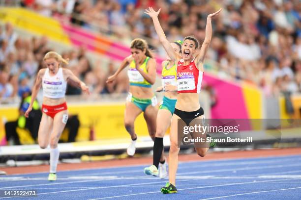 Olivia Breen of Team Wales celebrates after winning the Gold Medal in the Women's T37/38 100m Final on day five of the Birmingham 2022 Commonwealth...