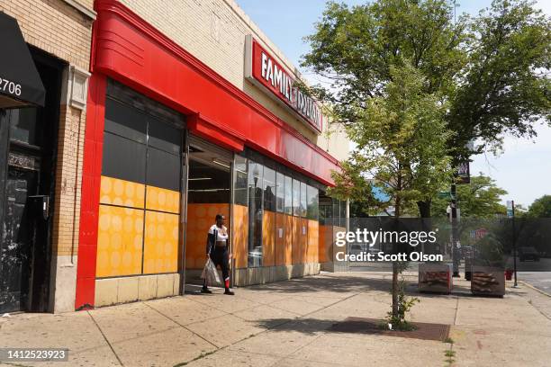 Customer leaves a Family Dollar store on August 02, 2022 in Chicago, Illinois. Discount stores have seen a double digit increase in business as...