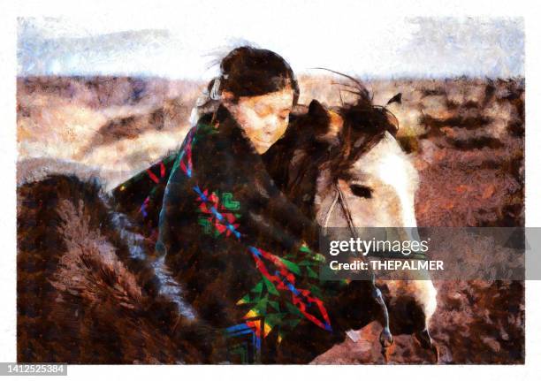 navajo native american woman with her horse - digital manipulation - art product stock illustrations