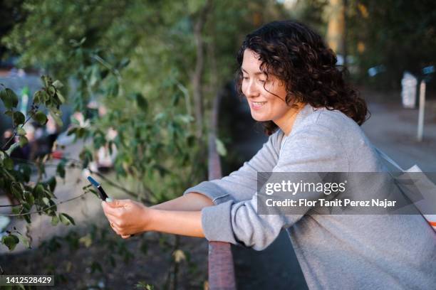 woman looking at her phone - melody perez stockfoto's en -beelden