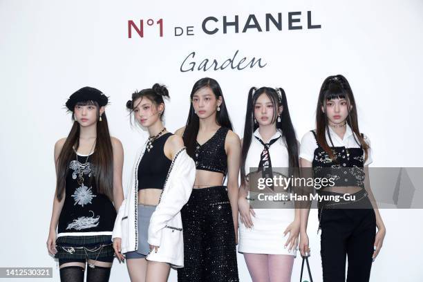 Kang Haerin aka Haerin, Danielle Marsh aka Mo Jihye, Kim Minji, Hanni aka Pham Ngoc Han and Lee Hyein aka Hyein of girl group New Jeans attend the...