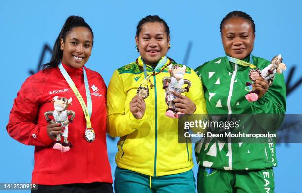 Silver Medalist, Kristel Ngarlem of Team Canada, Gold Medalist, Eileen Cikamatana of Team Australia and Bronze Medalist, Mary Taiwo Osijo of Team...