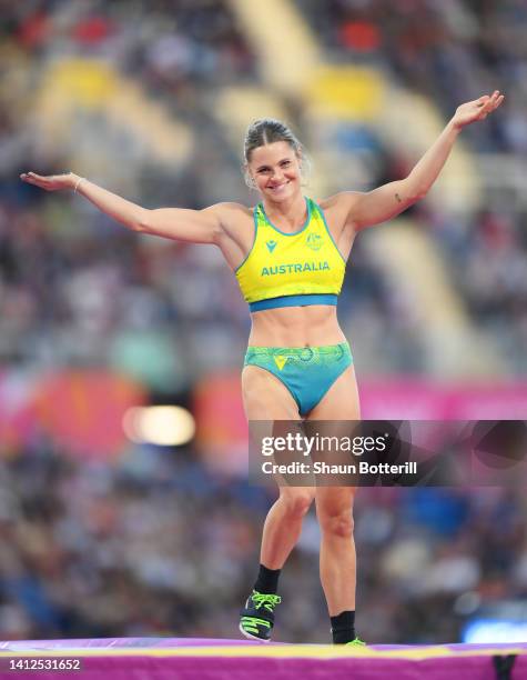 Nina Kennedy of Team Australia celebrates after winning Gold medal in the Women's Pole Vault Final on day five of the Birmingham 2022 Commonwealth...