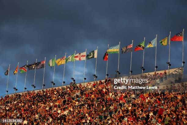 Flags of Commonwealth countries are seen during the Athletics on day five of the Birmingham 2022 Commonwealth Games at Alexander Stadium on August...