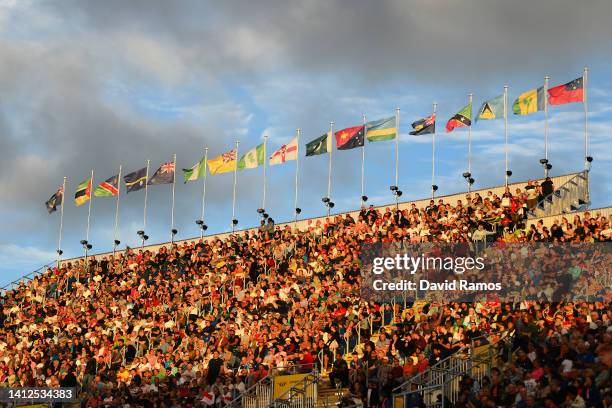 Flags of Commonwealth countries are seen during the Athletics on day five of the Birmingham 2022 Commonwealth Games at Alexander Stadium on August...