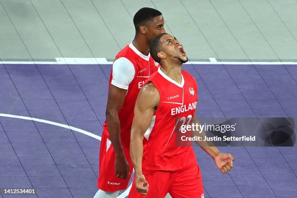 Myles Edward Sinclair Hesson and Jamell Anderson of Team England celebrates after defeating Team Australia in the Men's 3x3 Basketball Gold Medal...