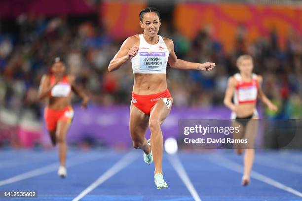 Katarina Johnson-Thompson of Team England competes during the Women's Heptathlon 200m on day five of the Birmingham 2022 Commonwealth Games at...