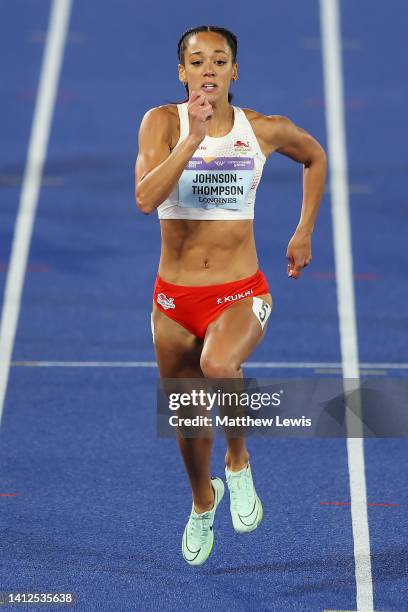 Katarina Johnson-Thompson of Team England competes during the Women's Heptathlon 200m on day five of the Birmingham 2022 Commonwealth Games at...