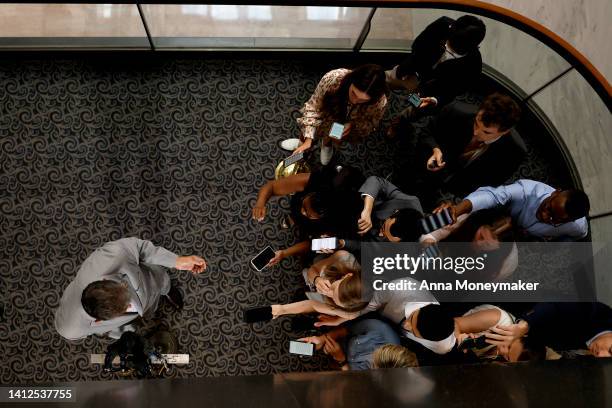 Sen. Joe Manchin speaks to reporters outside of his office in the Hart Senate Office Building on August 02, 2022 in Washington, DC. Negotiations in...