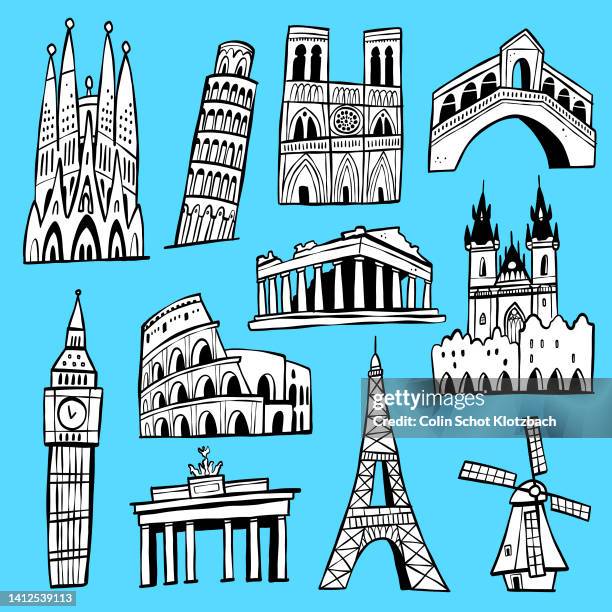 illustrazioni stock, clip art, cartoni animati e icone di tendenza di europa luoghi d'interesse doodles - luogo dinteresse