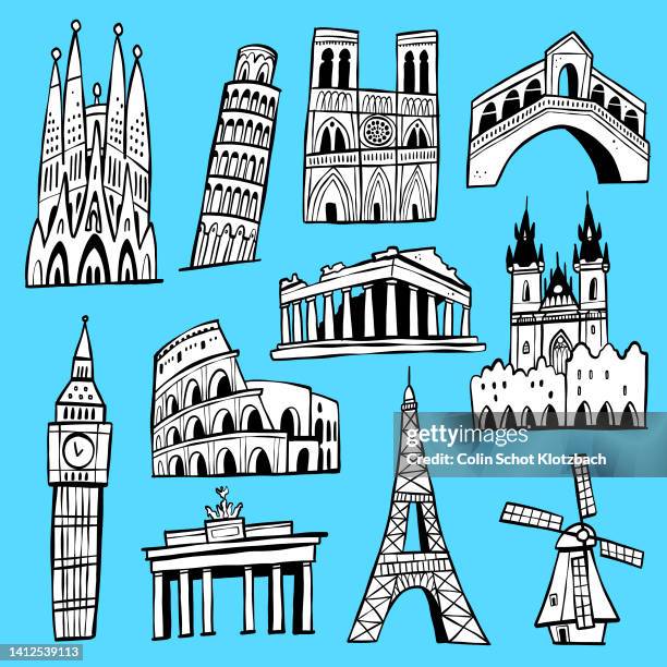 illustrazioni stock, clip art, cartoni animati e icone di tendenza di europa luoghi d'interesse doodles - greece city