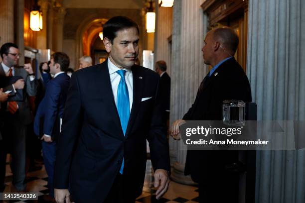 Sen. Marco Rubio walks to the Senate Republican Luncheon in the U.S. Capitol Building on August 02, 2022 in Washington, DC. Negotiations in the U.S....