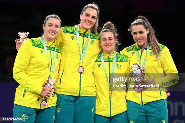 Bronze medalists Team Australia celebrate during the Women's 3x3 Basketball medal ceremony on day five of the Birmingham 2022 Commonwealth Games at...