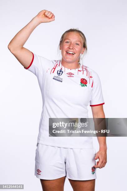 Alex Matthews poses for a portrait during England Red Roses RWC Squad Photocall at Village Hotel Bracknell on August 01, 2022 in Bracknell, England.