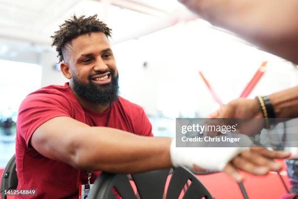 Waldo Cortes-Acosta of the Dominican Republic has his hands wrapped prior to his fight during Dana White's Contender Series season six, week two at...