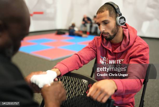 Vinicius Salvador of Brazil has his hands wrapped prior to his fight during Dana White's Contender Series season six, week two at UFC APEX on August...