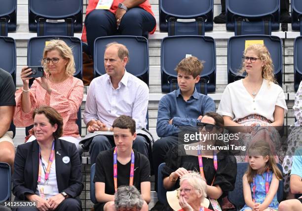 Sophie, Countess of Wessex, Prince Edward, Earl of Wessex, James Viscount Severn and Lady Louise Windsor attend the hockey during the 2022...