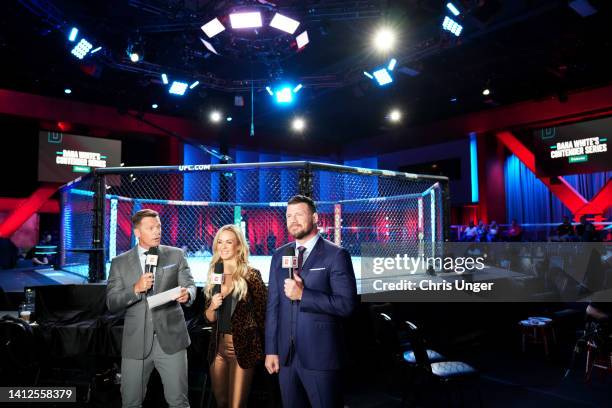 Dan Hellie, Laura Sanko, and Michael Bisping host the broadcast on ESPN during Dana White's Contender Series season six, week two at UFC APEX on...