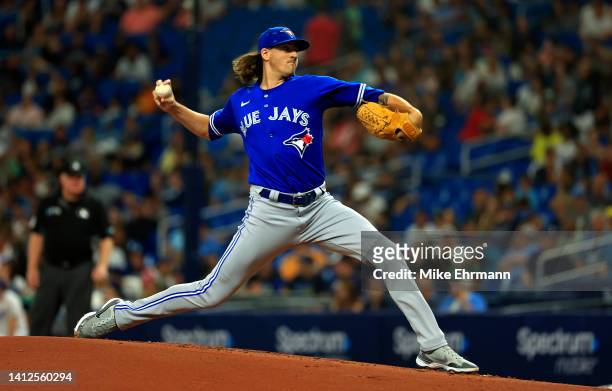 Kevin Gausman of the Toronto Blue Jays pitches during a game against the Tampa Bay Rays at Tropicana Field on August 02, 2022 in St Petersburg,...