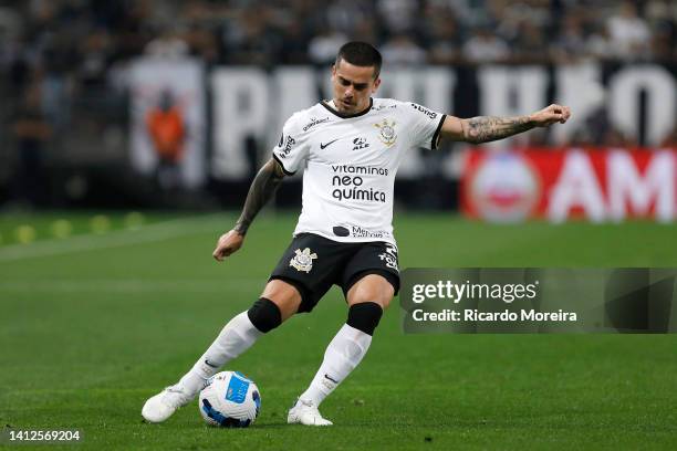 Fagner of Corinthians kicks the ball during a Copa Libertadores quarter final first leg match between Corinthians and Flamengo at Neo Quimica Arena...