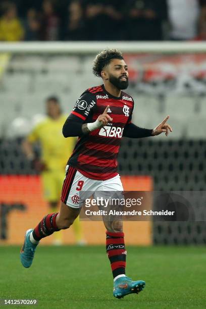 Gabriel Barbosa of Flamengo celebrates after scoring the second goal of his team during a Copa Libertadores quarter final first leg match between...