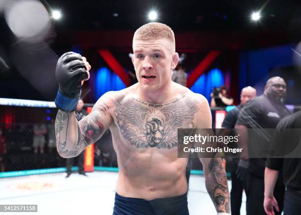 Chris Duncan of Scotland reacts after his knockout victory over Charlie Campbell in a lightweight fight during Dana White's Contender Series season...