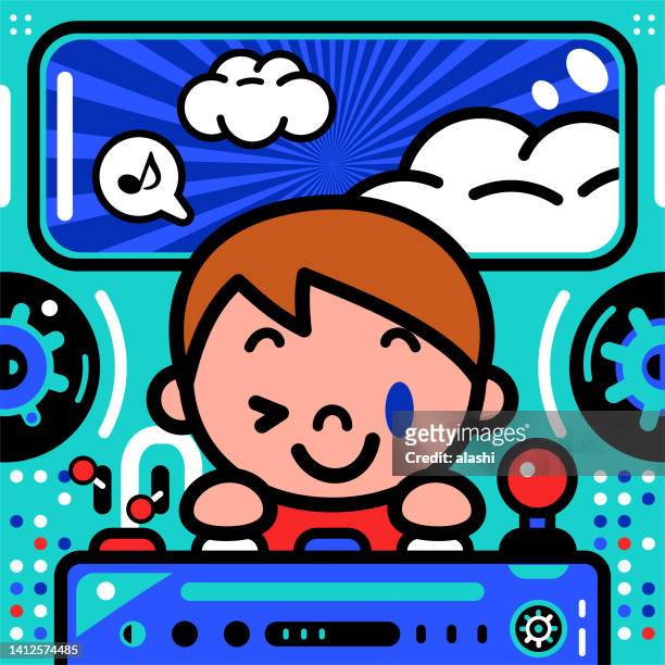 a cute boy is piloting an unlimited power spaceship or ufo - children playing video games on sofa stock illustrations