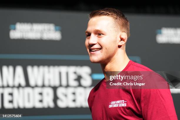 Francis Marshall reacts after being awarded a UFC contract during Dana White's Contender Series season six, week two at UFC APEX on August 02, 2022...