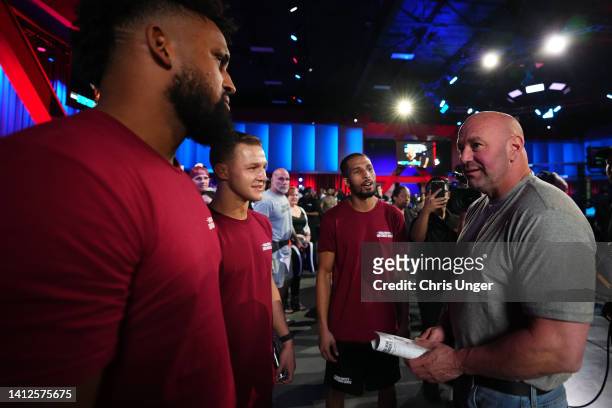 President Dana White speaks to the fighters after Dana White's Contender Series season six, week two at UFC APEX on August 02, 2022 in Las Vegas,...