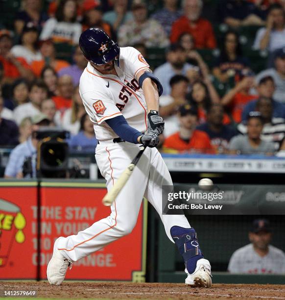 Trey Mancini of the Houston Astros pinch hits in the ninth inning against the Boston Red Sox at Minute Maid Park on August 02, 2022 in Houston, Texas.