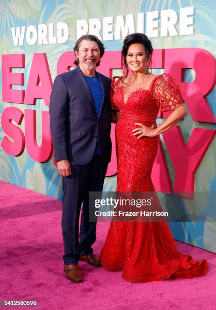 Lou Diamond Phillips and Tia Carrere attend the premiere of Universal Pictures' "Easter Sunday" at TCL Chinese Theatre on August 02, 2022 in...