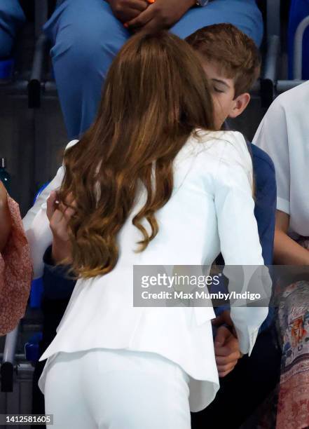Catherine, Duchess of Cambridge greets James, Viscount Severn as she arrives to watch the swimming during the 2022 Commonwealth Games at the Sandwell...