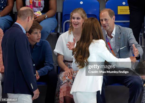 Prince William, Duke of Cambridge and Catherine, Duchess of Cambridge greet James, Viscount Severn, Lady Louise Windsor and Prince Edward, Earl of...