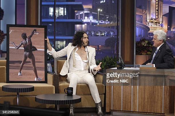 Episode 3834 -- Pictured: Actor/comedian Russell Brand during an interview with host Jay Leno on May 24, 2010 -- Photo by: Paul Drinkwater/NBCU Photo...