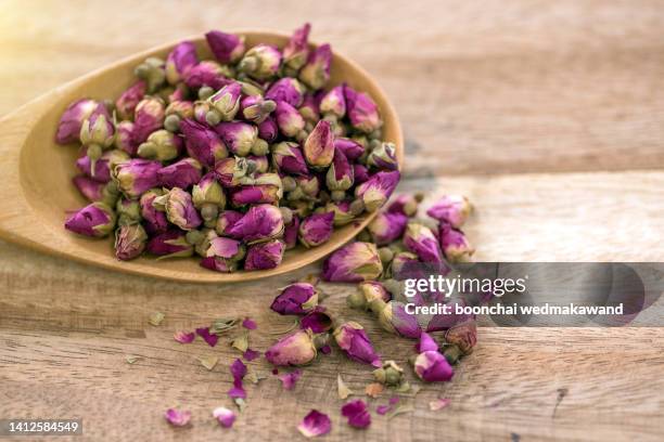 rose tea on wooden table - rosa violette parfumee photos et images de collection