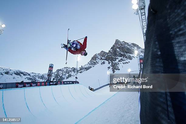 Kemppainen from Finland rides the Superpipe during the Winter X-Games Europe second training day on March 13, 2012 in Tignes, France.