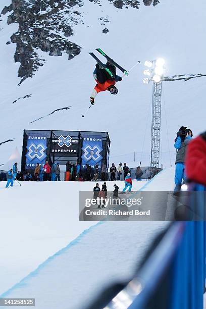 Antoine Blanchi from France rides the Superpipe during the Winter X-Games Europe second training day on March 13, 2012 in Tignes, France.