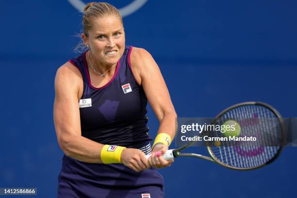 Shelby Rogers returns a shot from Bianca Andreescu of Canada during the Mubadala Silicon Valley Classic, part of the Hologic WTA Tour, at Spartan...