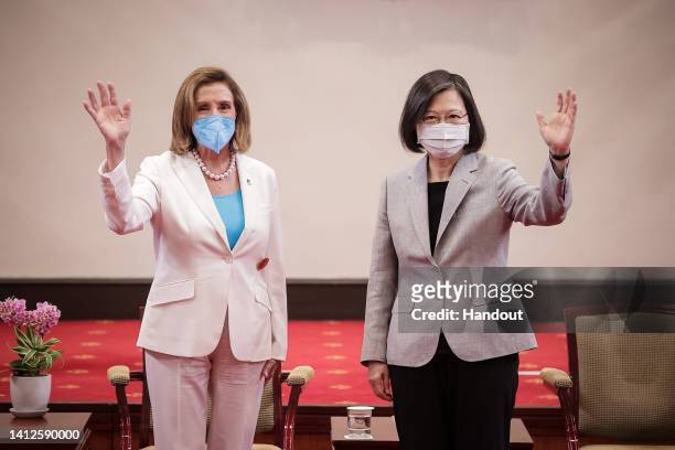 Speaker of the U.S. House Of Representatives Nancy Pelosi , left, poses for photographs with Taiwan's President Tsai Ing-wen, right, at the...