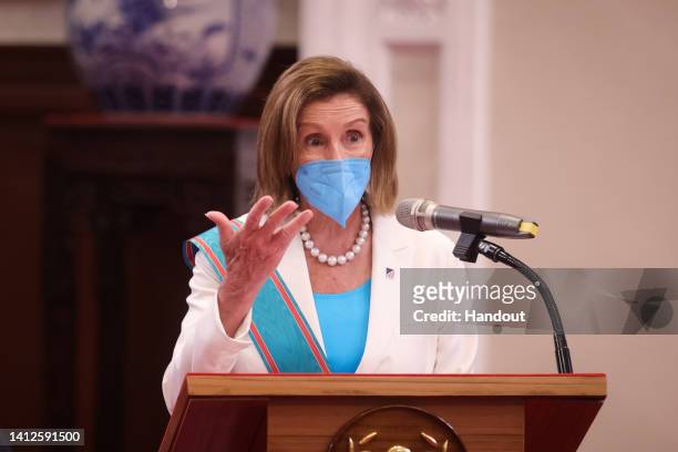 Speaker of the U.S. House Of Representatives Nancy Pelosi , speaks after receiving the Order of Propitious Clouds with Special Grand Cordon, Taiwan’s...